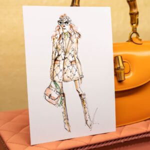 Live Fashion Illustration von Nadja König bei Gucci München neben einer Gucci Bamboo Tasche