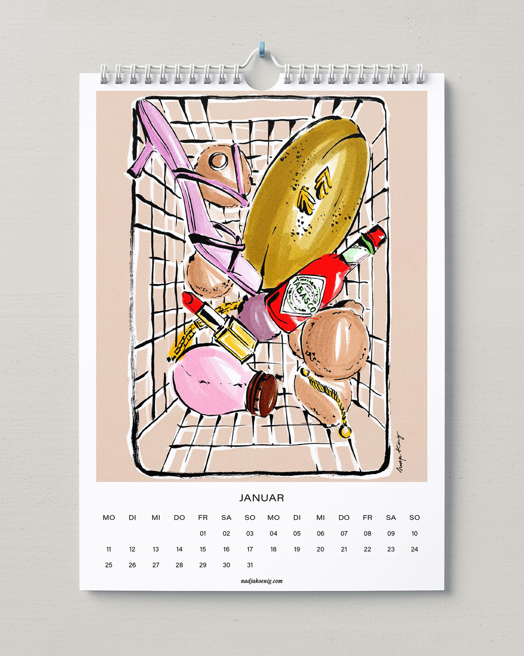 Wandkalender 2027 von Nadja König, Januar: Einkaufskorb voller Delikatessen und Accessoires