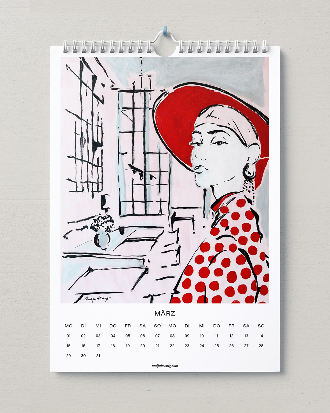 Wandkalender 2027 von Nadja König, März: Frau mit rotem Hut und rot gepunktetem Kleid am Fenster